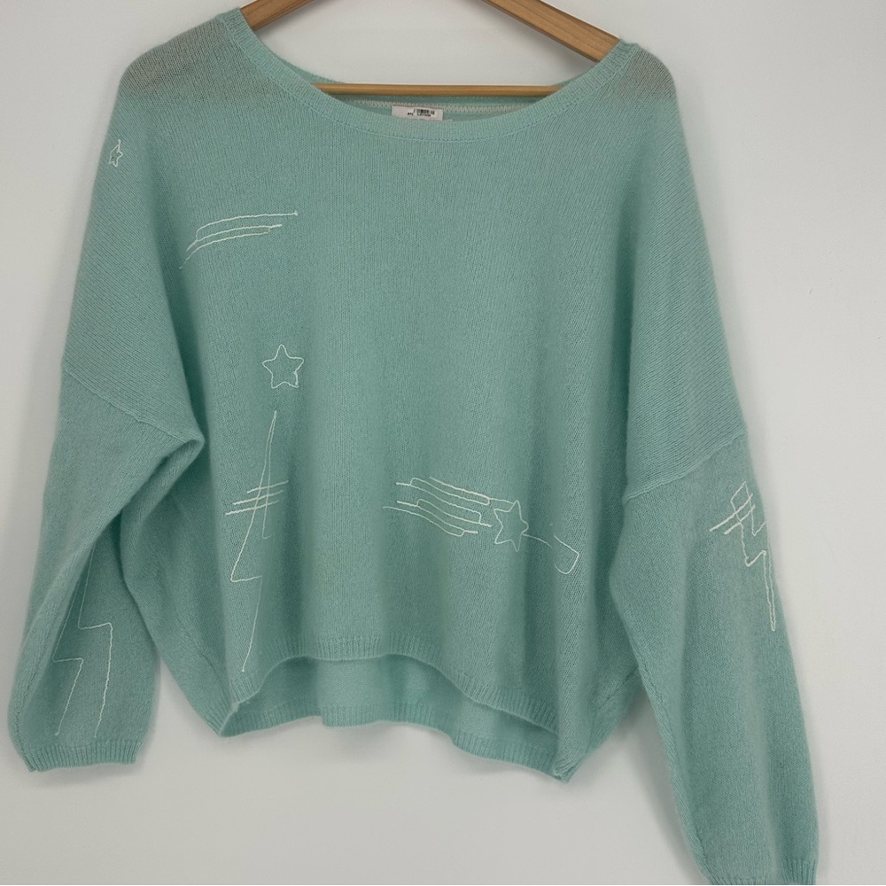 Brodie Cashmere Mint White Stars and Lightning Cashmere Embroidered Sweater